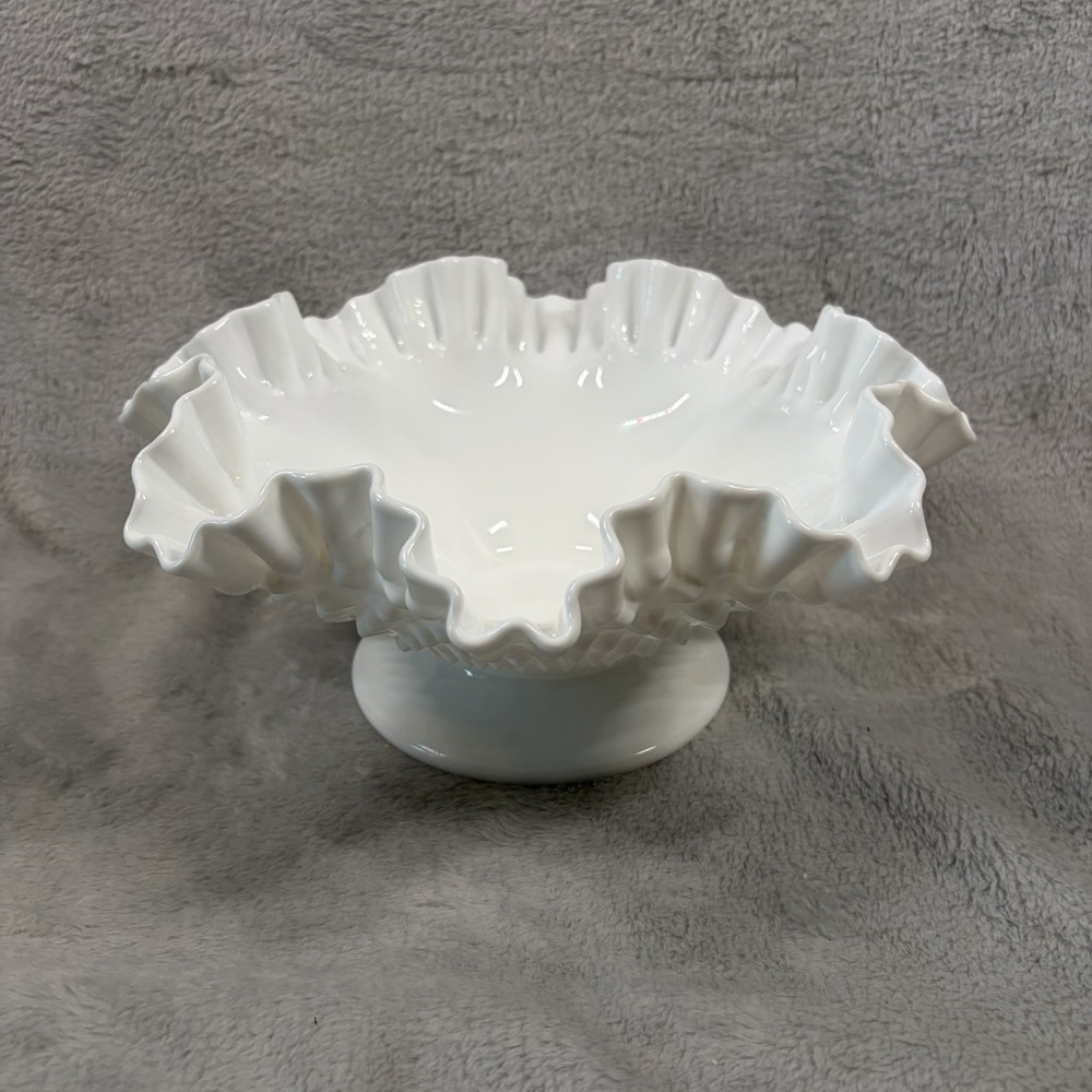 Fenton Style MCM White Hobnail Milk Glass Ruffled Edge Lg Bowl 10.5"